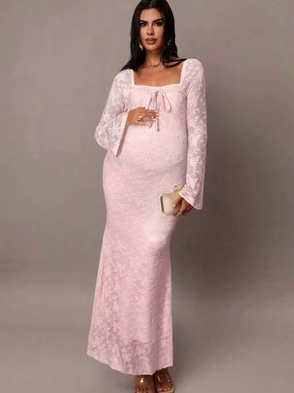 Pink Lace Stretch Mermaid Maternity Maxi Dress Baby Shower Photoshoot